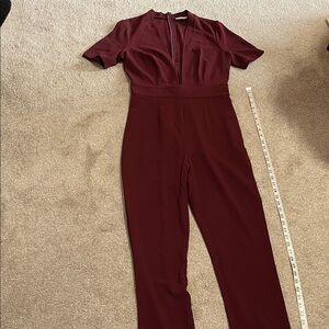 Urban Outfitters Women's Burgundy Short-Sleeve Jumpsuit Deep V Neck pockets